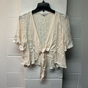 American Eagle Cream Embroidered Tie-Front Top